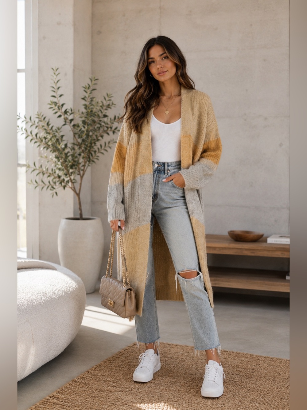 Sz M Topshop Maxi yellow and Gray Open Front Cardigan Flare Sleeves